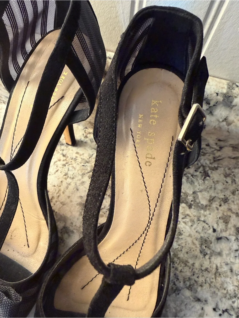 kate spade Black Mesh Bow T-Strap Peep-Toe Platform Stiletto Heels Made In Italy